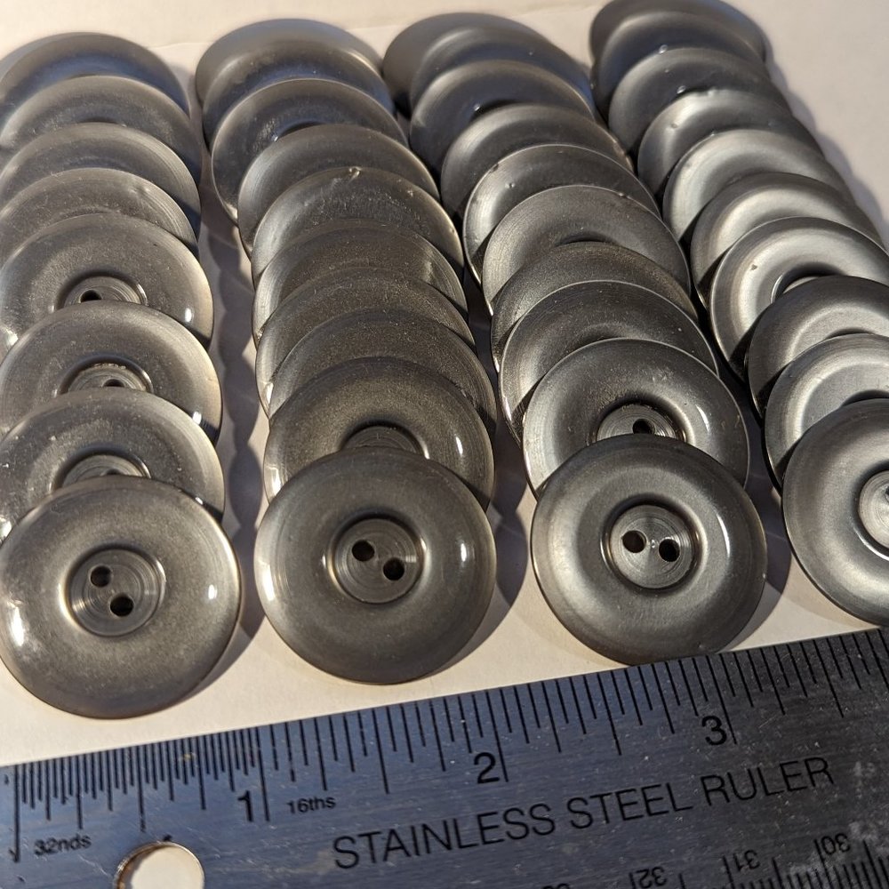 BUTTONS (10) 1" Gray, Round, plastic, 2-holed; Set of 10